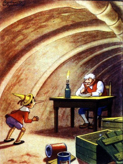 Pinokio znajduje swojego ojca w jamie brzusznej ogromnej ryby. Ilustracja opowieści Carlo Collodiego. autorstwa Unknown artist