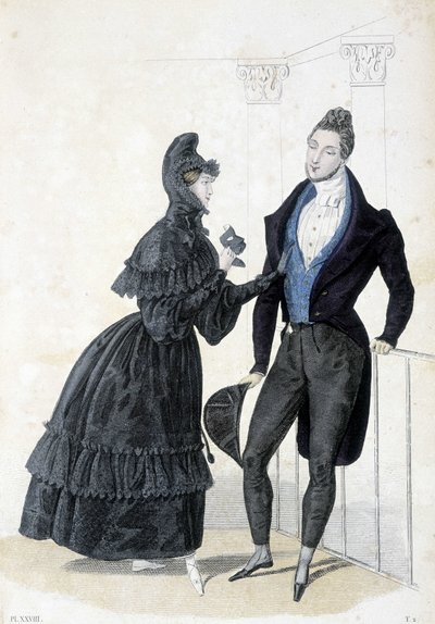 Talerz ilustrujący modę męską i kobiecą lat 30. XIX wieku. Kobieta ma na sobie sukienkę z kapturem i trzyma w dłoniach maskę balu. autorstwa Unknown artist