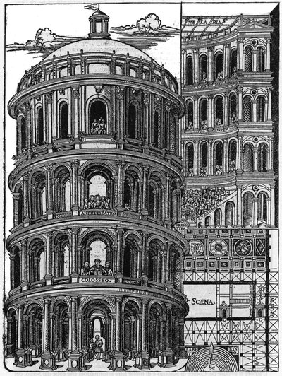 Tablica zaczerpnięta z księgi „De architectura””, dotyczy architektury Marka Witrubiusza Pollio dit Vitruvio (I w. p.n.e.), architekta rzymskiego. Włoskie wydanie Gianbaptista Caporali di Perugia 1536. autorstwa Unknown artist