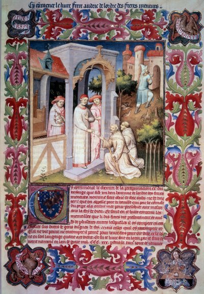 Papież Jan XXII powierza Odoricowi z Pordenone (franciszkańskiej) misję ewangelizacji Morza Zamorskiego. Mężczyźni prowadzący kuropatwy do Trabzonu. Broń i emblemat Jean Bez lęków. Broń Jeana de Berry. Miniatura w „Itinerarium”. Księga Cudów”, autorstwa Unknown artist