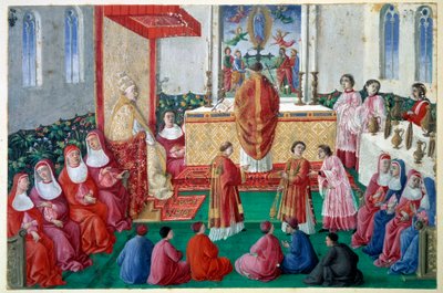 Papież Sykstus IV (1414-1484) uczestniczy we Mszy Świętej w Kaplicy Sykstyńskiej w Watykańskim Miniaturowym decoupee z XV wieku. Słońce 0,1x0,16 m Chantilly, musee Conde autorstwa Unknown artist