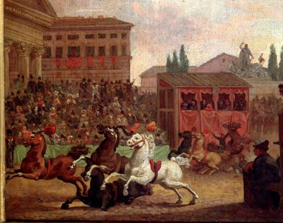 Popularne uroczystości: „” Rasa (lub palio) „”Barberi”” Anonimowe malarstwo z XVIII wieku. Rzymskie Museo del Folklore autorstwa Unknown artist
