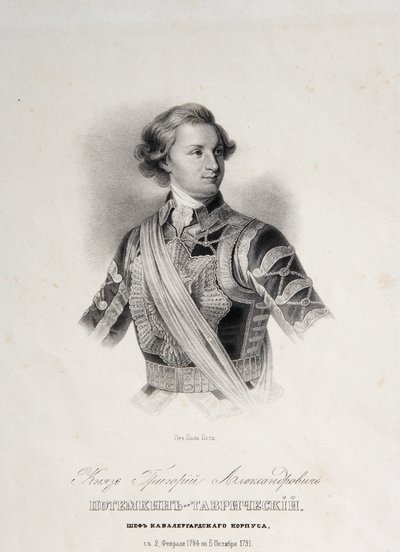 Portret Grigorija Aleksandrowicza Potiomkina lub Potiomkina (książę Grigorij Aleksandrowicz Potiomkin-Tavricheski (Potemkin Tavricheski) (1739-1791), rosyjski żołnierz i rząd - grawerowanie końca XVIII wieku autorstwa Unknown artist