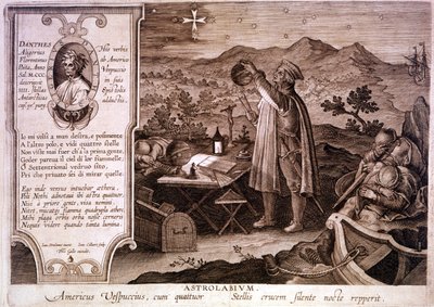 Portret Amerigo Vespucciego (1454 - 1512), włoskiego nawigatora, przedstawiony podczas korzystania z astrolabium. W pudełku po lewej stronie znajduje się portret Dantego Alighieri oraz fragment pierwszej pieśni o czyśćcu Boskiej Komedii. Grawerowanie XVIII autorstwa Unknown artist