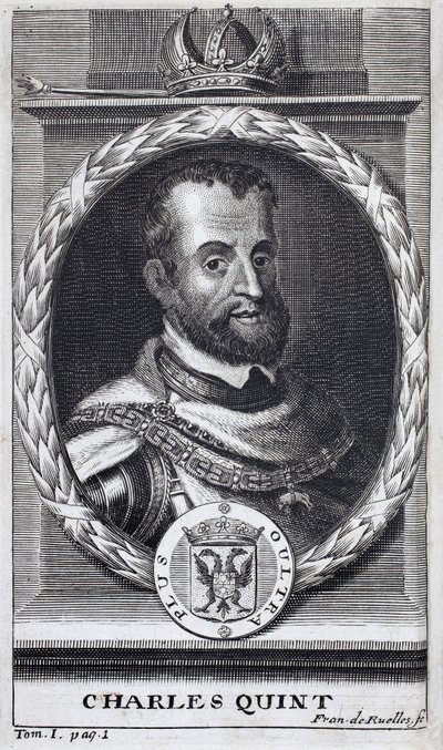 Portret Karola V (1500-1558), króla Hiszpanii i Ameryki hiszpańskiej, króla Sycylii i cesarza germańskiego Świętego Cesarstwa Rzymskiego (1519-1556). Grawerowanie ilustrujące „Historię wojny o Flandrię” Flamianusa Strady, wydanie Joseph T