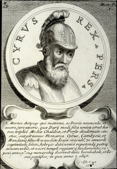 Portret Cyrusa II (ok. 559-529 pne) zwanego Cyrusem Wielkim, założyciela Imperium Perskiego. Rycina XVIII-wiecznej kolekcji prywatnej autorstwa Unknown artist