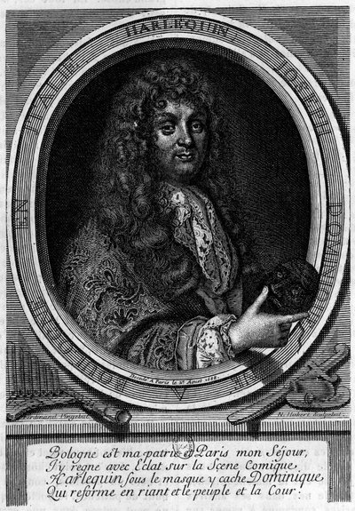Portret aktora Dominique (Domenico Giuseppe) Biancolelli (1640-1688), stworzył postać Arlekina (Arlechino), którą wykonał. Był członkiem trupy, którą Mazarin przywiózł do Paryża w 1660 roku do Comedie-Italiana. autorstwa Unknown artist