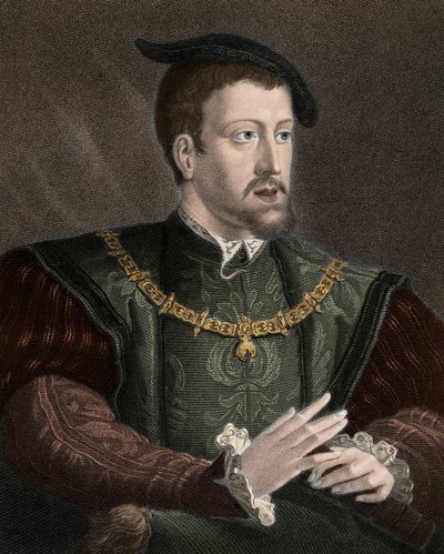 Portret cesarza Karola V (1500-1558) z naszyjnikiem Orderu Złotego Runa - Karol V (1500-1558) noszący na szyi łańcuch Orderu Złotego Runa - rycina - XIX wiek autorstwa Unknown artist