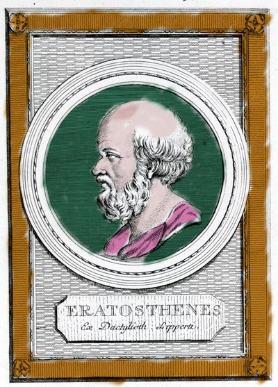 Portret Eratostene z Cyreny (ok. 284 pne - 194 pne), grecki naukowiec, geograf i poeta. Był dyrektorem biblioteki aleksandryjskiej i obliczył pomiar południka ziemskiego. Portret później: „Galleria degli antichi greci e romani” autorstwa Unknown artist