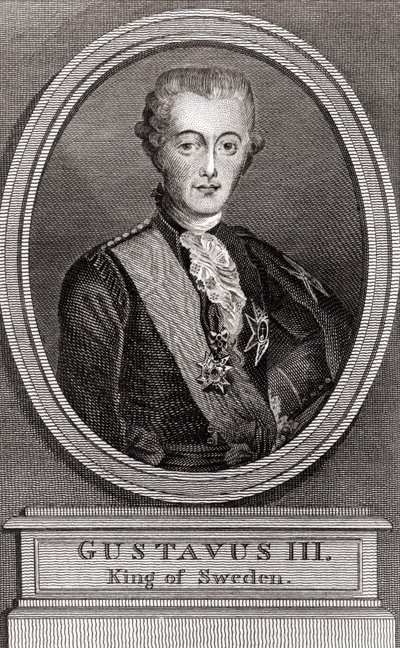 Portret Gustawa III (1746-1792), króla Szwecji od 1771 do 1792 rycina z 1787 r. „Zbiór Żołnierzy minionych lat” autorstwa Unknown artist