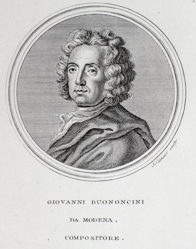 Portret włoskiego kompozytora barokowego i wiolonczelisty Giovanniego Battisty Bononciniego (1670-1747) Grawer. 18 wiek. Bolonia, obywatelskie muzeum bibliograficzne autorstwa Unknown artist
