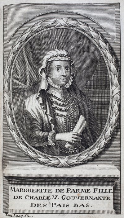 Portret Małgorzaty Parmeńskiej (lub Małgorzaty Austriackiej) (1522-1586), księżnej Parmy i Piacenzy, naturalnej córki Karola V (1500-1558) i guwernantki Holandii (Holandia) z lat 1559-1581. Grawerowanie ilustrujące „Historia wojny pod Fla autorstwa Unknown artist