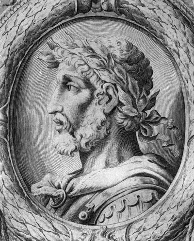 Portret Odoacre (Odovacar), przywódca sprzymierzonych z Hunami Heruli i minister Attyli (435-493). Rycina z XVIII wieku. autorstwa Unknown artist