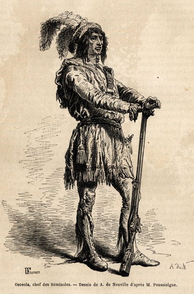 Portret Osceoli (1804-1838), przywódcy seminoles, stojącego na czele indyjskiego ruchu oporu przeciwko Stanom Zjednoczonym podczas wojny na Florydzie (1835-1842). Grawer ilustrujący historię czterech miesięcy na Florydzie, autorstwa Achille Pousselgue w la autorstwa Unknown artist