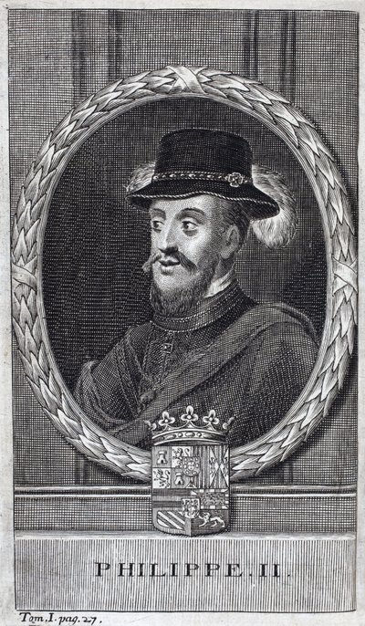 Portret Filipa II Hiszpańskiego (Felipe) (1527-1598), króla Hiszpanii i Portugalii. Grawerowanie ilustrujące „Historię wojny o Flandrię” Flamianusa Strady, wydanie Joseph T