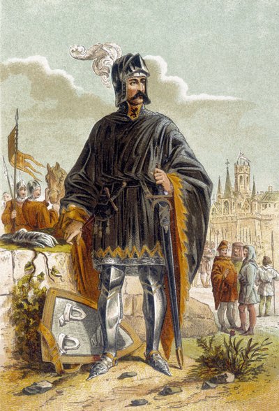 Portret Philipa van Artevelde (1340-1382), flamandzkiego polityka i przywódcy buntu tkaczy z Gandawy przeciwko hrabiemu Ludwikowi II Flandrii znanemu jako Ludwik de Male lub Maele (1381). Został pokonany i zabity w bitwie pod Rozebeke (1382). Chromo autorstwa Unknown artist