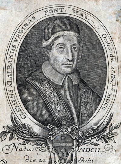Portret papieża Klemensa XI (Gianfrancesco Albani) (1649 - 1721), 241. papieża. Grawerowanie z XVIII wieku autorstwa Unknown artist