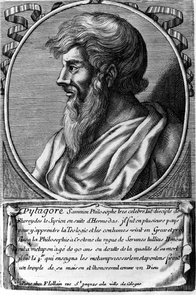 Portret Pitagorasa (ok. 570 - ok. 480 pne), greckiego matematyka i filozofa. Grawerowanie XVIII wieku autorstwa Unknown artist