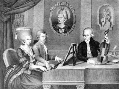Portret Wolfganga Amadeusza Mozarta (1756 - 1791) między ojcem a matką. Litografia XIX wieku. autorstwa Unknown artist