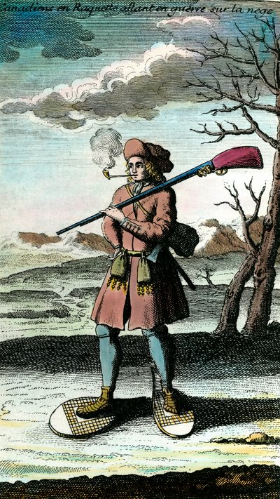 Portret Kanadyjczyka w rakietach śnieżnych na śniegu idzie na wojnę. Grawerowanie XVIII wieku. Prywatna kolekcja. autorstwa Unknown artist