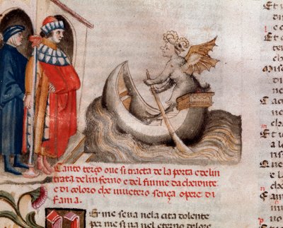 Portret włoskiego poety Dante Alighieri patrzącego na Charona, jego łódź płynącą z duszami przez Acheron (pieśń 3 z piekła, w Boskiej komedii) - miniatura XV w. autorstwa Unknown artist