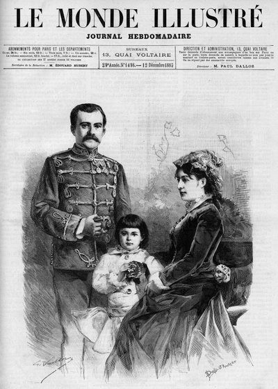 Portret króla Serbii Mediolanu I (Milan Obrenovich) (1854-1901), otoczony przez królową Nathalie i jej następcę tronu księcia Aleksandra, W „The Illustrous World 1885””. autorstwa Unknown artist