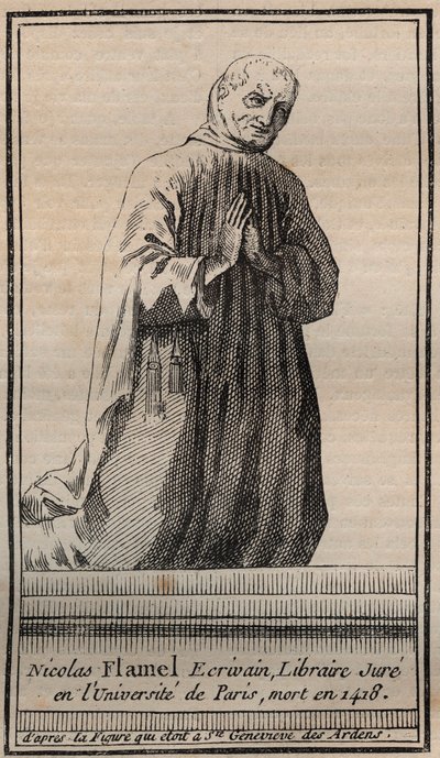 Portret francuskiego alchemika Nicolasa Flamela (1330-1418) - Grawerowanie - Portret angielskiego alchemika Nicolasa Flamela - Grawerowanie Kolekcja prywatna autorstwa Unknown artist