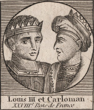 Portrety Ludwika III (863/65-882) Króla Franków w latach 879-882 i Karola II (866-884), Króla Franków w latach 879-884 - Ludwika II, króla Zachodniej Francji i Karola II, króla Zachodu Francia - rycina z „Instruction sur l