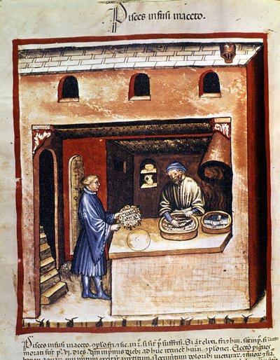 Przygotowanie ryb morskich w occie. Oświetlenie z doju medycyny i dietetyki „”Tacuinum sanitatis”” autorstwa Unknown artist