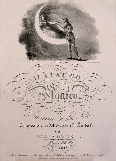 Książę Tamino otrzymuje zaczarowany flet Królowej Nocy, ilustrację na okładce księgi działowej „Zaczarowany flet” (Die Zauberflote) (1791) W.A. Mozarta (1756-1792). Kolekcja Leonarda de Selva. autorstwa Unknown artist