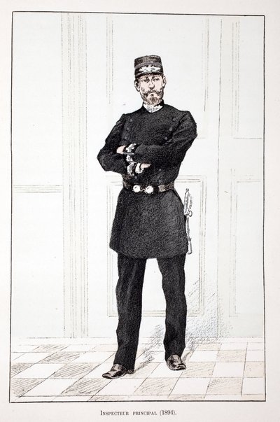 Główny Inspektor (1894). Akwaforta w kolorach, dla ilustracji „Historia korpusu sił pokojowych””” książka wydana pod auspicjami Louisa Lepine’a (1846-1933) prefekta policji nad Sekwaną, autorstwa Alfreda Reya (1864-?) i Louisa Ferona (1862) -?) autorstwa Unknown artist