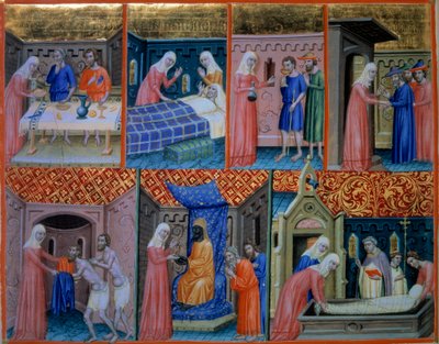 Psalm 88: Miłość. Kobieta obsługująca przy stole dwoje biednych, odwiedza chorego, pije dwóch więźniów, wita podróżnych, daje ubrania, kupuje jeńców i grzebie zmarłego. Miniatura w „Psałterzu Canterbury” (f.156v), v.1200-1250. BN, autorstwa Unknown artist