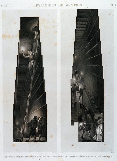 Piramidy w Memfis: widok górnej galerii Wielkiej Piramidy, wzięty z górnego i dolnego łożyska - w „Opisie Egiptu”, wydaniach cesarskich autorstwa Unknown artist