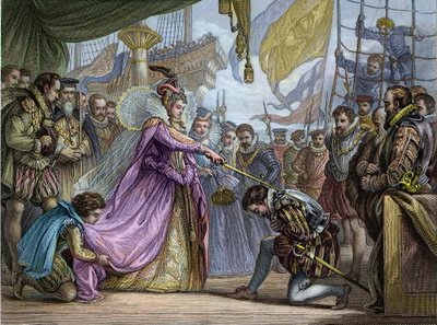 Królowa Elżbieta I (1530-1603) pasowanie na rycerza Francisa Drake