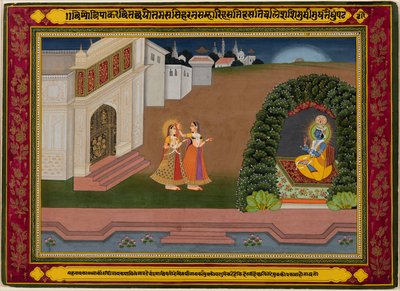 Powiernik Radhy przyprowadza ją do Kryszny, na podstawie poezji Bihari (ind., 1595–1663) autorstwa Unknown artist
