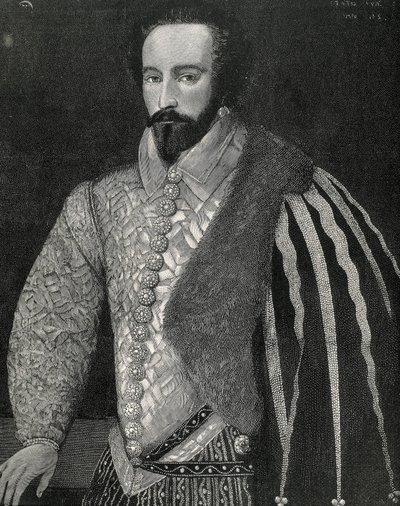 Raleigh, sir Walter (1554-1618). Angielski żeglarz, odkrywca i makler. Portret Sir Waltera Raleigha. Wygrawerowany w 1891 roku, wykonany na podstawie anonimowego oryginału zachowanego w National Portrait Gallery w Londynie. Rycina. autorstwa Unknown artist