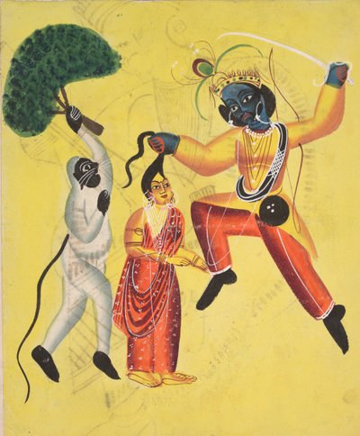 Rama i Hanuman trzymający wyrwane drzewo, ratują Sitę (odbytnicy) autorstwa Unknown artist