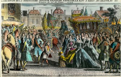 Przyjęcie hiszpańskiej infantki Marii Anny Victoire (1718-1781) przez króla Ludwika XV w Paryżu w Luwrze w dniu 2 marca 1722 roku. Mariana Victoria de Borbon została zaręczona w wieku 3 lat z Ludwikiem XV w wieku 11 lat. XVIII wiek. Prywatna kolekcja autorstwa Unknown artist