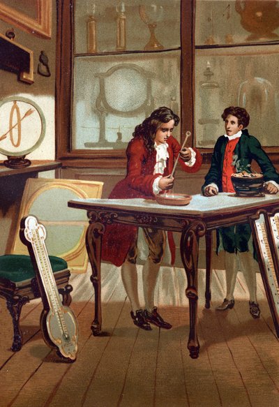 René Antoine Ferchault de Réaumur (1683-1757), francuski chemik i fizyk, budujący swój termometr w 1730 r. według „La Ciencia y sus Hombres par Louis Figuier” Barcelona 1881 autorstwa Unknown artist