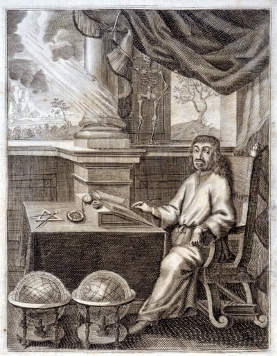 René Descartes (1596 - 1650) w swoim gabinecie ze sprzętem naukowym. Rycina z XVII wieku. autorstwa Unknown artist