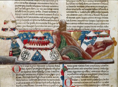 Reprezentacja Julesa Cesara (101-44 pne) siedzącego w pobliżu jego obozu wojskowego Fragment strony rękopisu „”Facts of the Romans”” (Ms 1538, fol. 24v) około 1340 Florencja, Biblioteca Riccardiana autorstwa Unknown artist