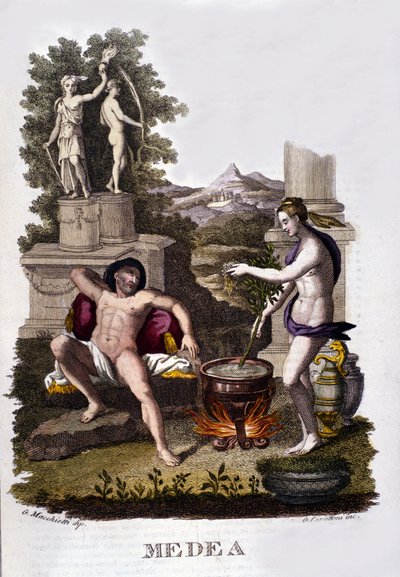Reprezentacja Medei przygotowującej swoje przekleństwa po cyklu Argonautów. Rycina XIX wieku. autorstwa Unknown artist