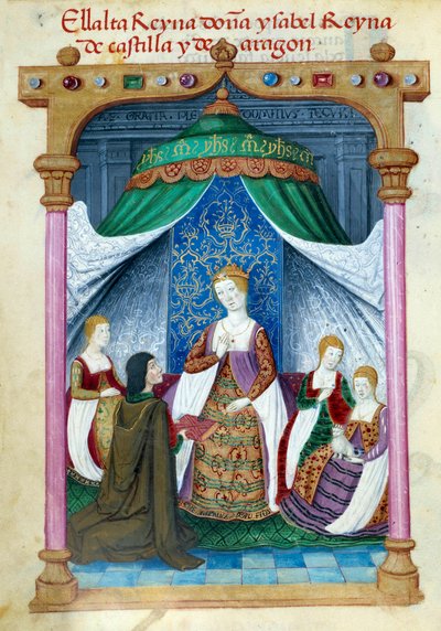 Reprezentacja królowej Izabeli Portugalskiej Izabeli Aragońskiej (1271-1336) w otoczeniu jej towarzyszy i Pedro Marcuello, który ofiarowuje jej książkę. Strona rękopisu zaczerpnięta z „”Zbioru kultu królowej Joanny Folle (1479-1555) Hiszpanii”” autorstwa autorstwa Unknown artist