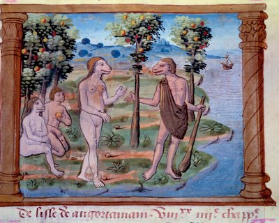 Przedstawienie potwornych stworzeń o ludzkim ciele i psiej głowie. Miniatura zaczerpnięta z „„Historii Mongołów zwanych przez nas Tatarami, opis obyczajów, geografii, historii i wybitnych postaci ludu mongolskiego””, opowieści podróżniczej Franka autorstwa Unknown artist
