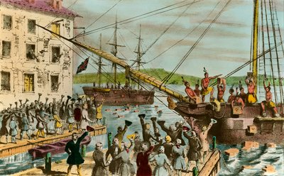 Reprezentacja Boston Tea Party: podczas wojny o niepodległość Stanów Zjednoczonych: bunt amerykańskich osadników (pochodzenia brytyjskiego) przeciwko podatkom nałożonym przez angielski parlament na herbatę i inne artykuły spożywcze. Obrzydzali się jak Indi autorstwa Unknown artist
