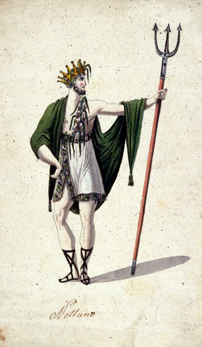 Przedstawienie rzymskiego boga Neptuna trzymającego trójząb (identyfikuje greckiego Posejdona). Akwarela z XVIII wieku. autorstwa Unknown artist