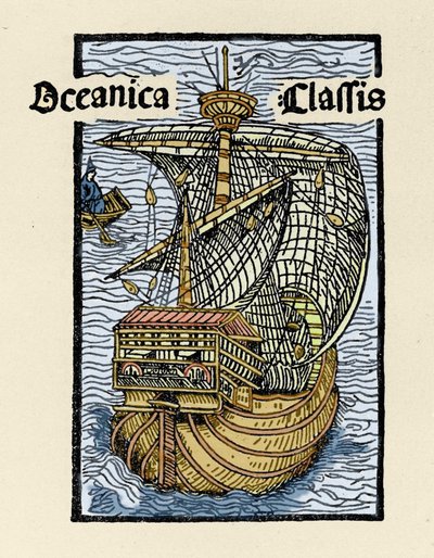 Reprezentacja karaweli Santa Maria przez Krzysztofa Kolumba (1451-1506). Rycina z „De insulis in mare Indico super inventis”, Bale 1493-1494 (łaciński przekład raportu Kolumba do króla Hiszpanii). autorstwa Unknown artist