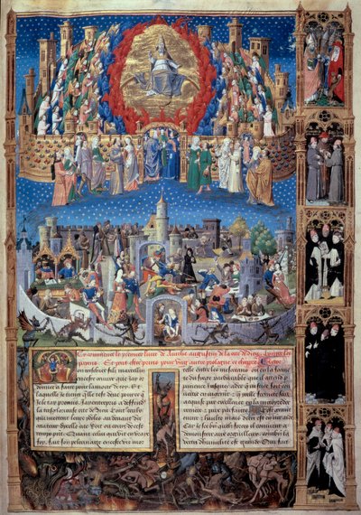 Reprezentacja miasta Boga (celeste) i miasta ludzi (ziemskich) Miniatura zaczerpnięta z „”De civitate dei”” (Miasto Boga) przez św. Augustyna z Hippony (354-430), przetłumaczona przez Raoula de Presles okolice 1480. Biblioteka Miejska Macon autorstwa Unknown artist