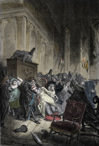 Reprezentacja śmierci Jean-Baptiste Poquelina, dit Moliere (1622-1673), śmierć z powodu przekrwienia płuc podczas przedstawienia „Wyimaginowanych chorych” w dniu 17.02.1673 autorstwa Unknown artist