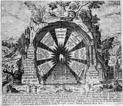Przedstawienie wejścia do Domu Tajemnic, symbol życia wiecznego. Grawerowanie „Amphitheatrum sapientiae aeternae”. (Amfiteatr Wiecznej Mądrości) [Hamburg: s.n. autorstwa Unknown artist